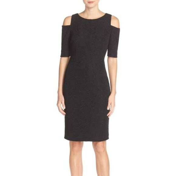 Eliza J Cold Shoulder Sparkle Knit Sheath Dress in Black Size 4 - Picture 2 of 8